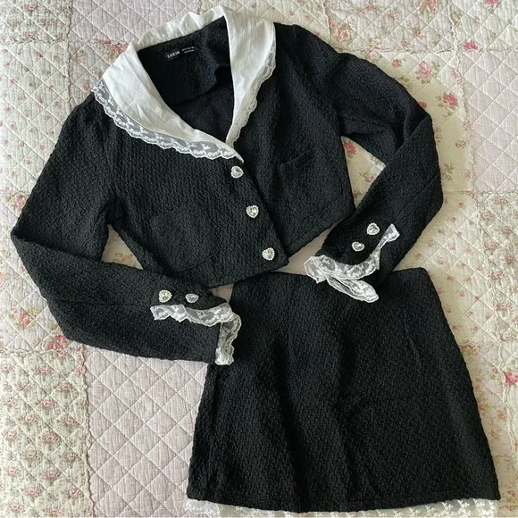 Shein black tweed 2pc with lace trim - Picture 2 of 5